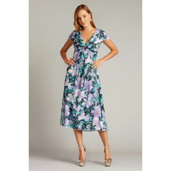 Tadashi Shoji Edith Printed Floral A-Line Dress Tea Midi Length Lilac NWT Size 8 - Picture 2 of 14